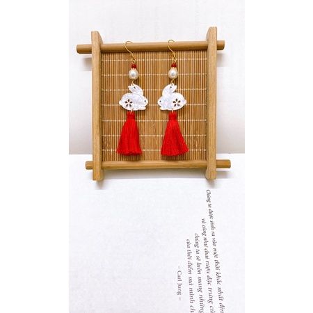 Bông tai thỏ gắn tua đỏ/ Phụ kiện Việt Phục/ Phụ kiện cổ trang